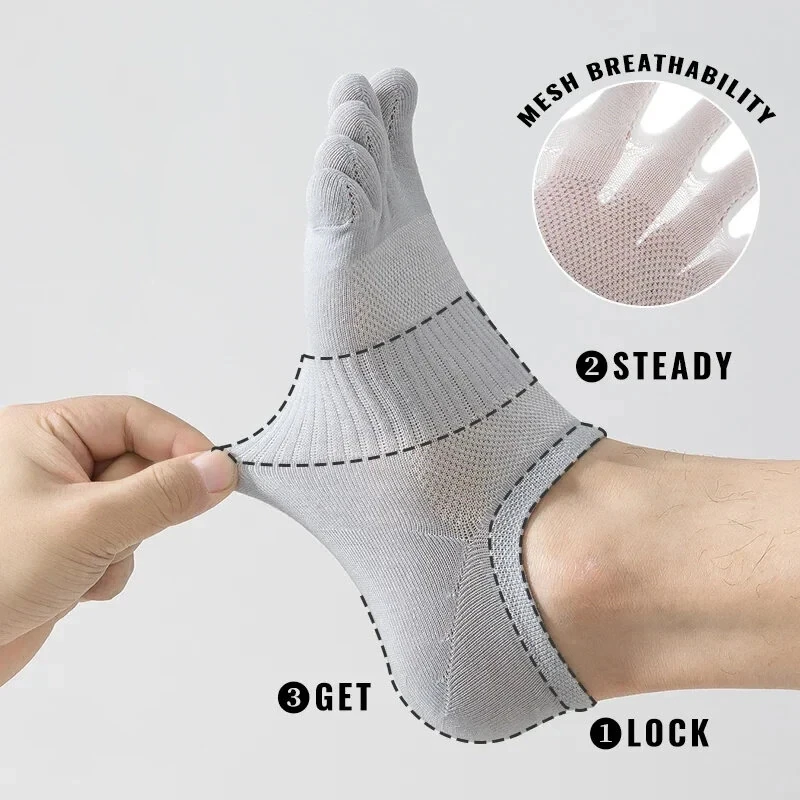(image for) 6 Pairs Men's Pure Cotton Five Finger Socks Breathable Mesh Sweat Absorbent Antibacterial Short Boat Socks Running Sports Toe Sock Comfortable